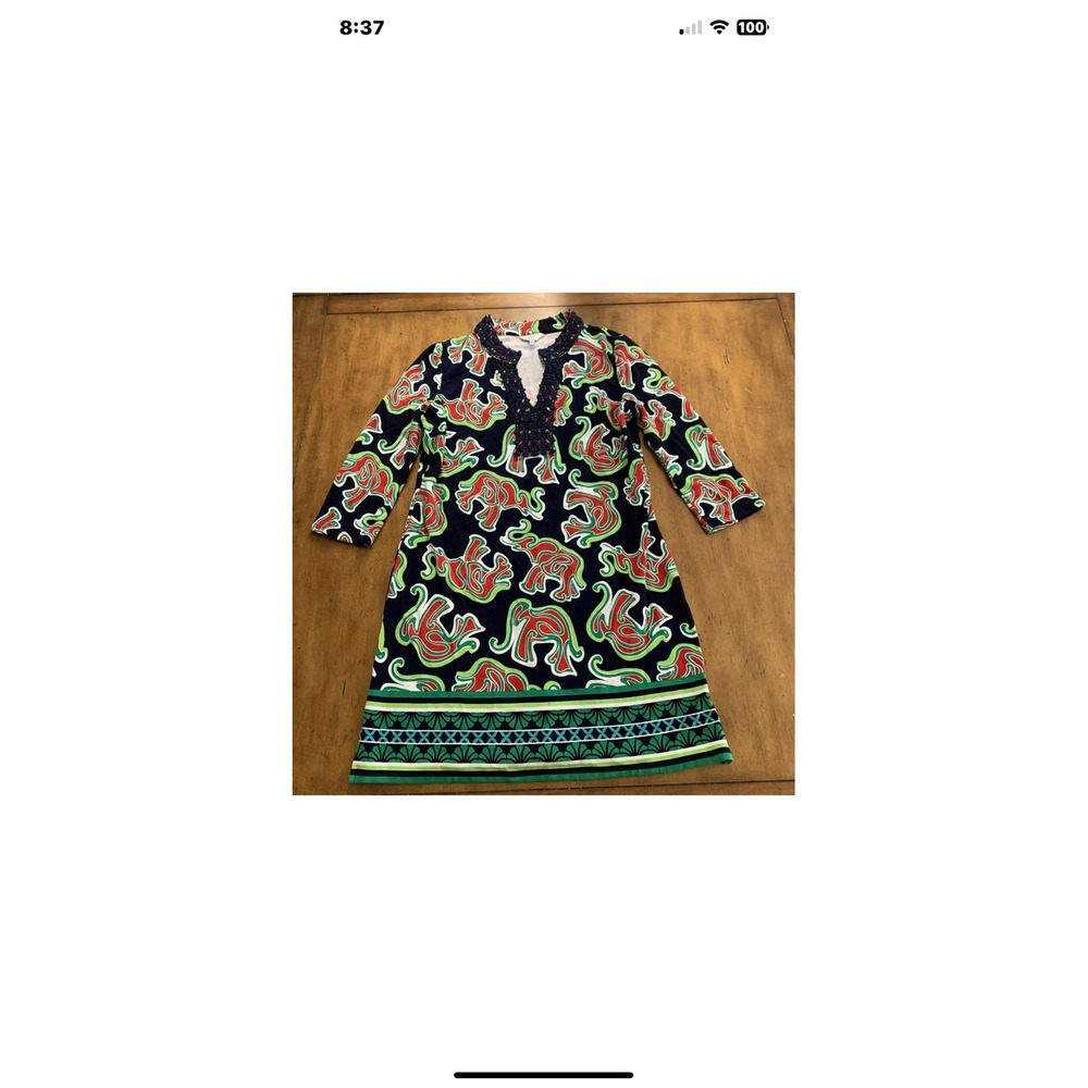 Crown & Ivy Petite Elephant Print Shift Dress Navy Green Red Crochet Trim PP